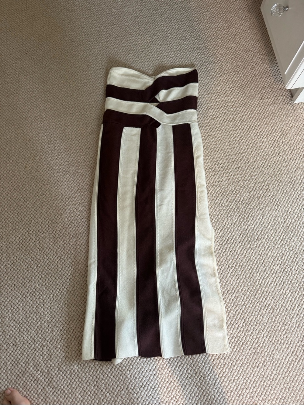 Strapless Brown & Cream Vertical-Striped Midi Dress